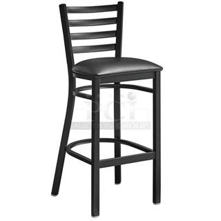 BRAND NEW SCRATCH & DENT! Lancaster Table & Seating 164BMTLADFR Black Finish Ladder Back Bar Height Chair with 2 1/2" Black Vinyl Cushion. 4x Your Bid