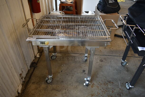 LIKE NEW! Backyard Pro 554CHAR30SS Stainless Steel Commercial Portable Charcoal Grill w/ Cover on Commercial Casters.