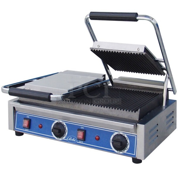 BRAND NEW SCRATCH AND DENT! 2023 Globe GPGDUE10 Stainless Steel Commercial Countertop Dual Panini Press w/ Grooved Plates - 20" x 10" Cooking Surface. 240 Volts, 1 Phase. 