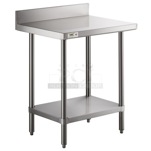 BRAND NEW SCRATCH AND DENT! Regency 600TSB2430S 24" x 30" 16-Gauge Stainless Steel Commercial Work Table with 4" Backsplash and Undershelf