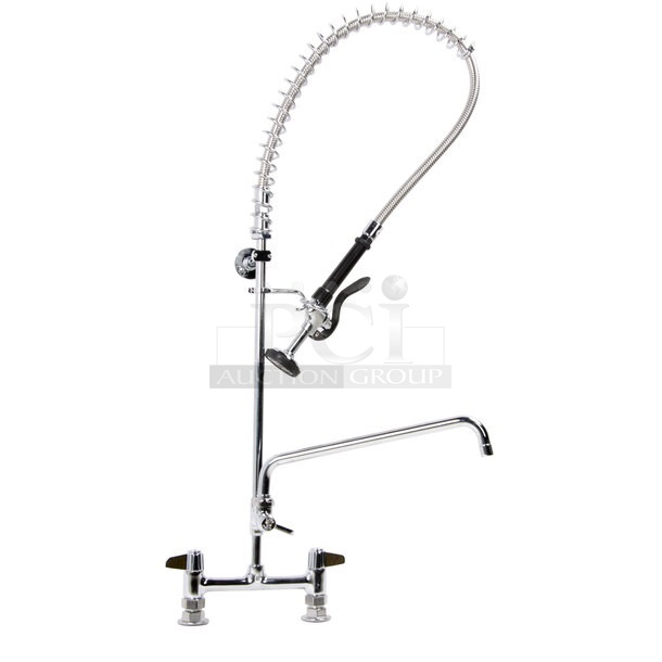 BRAND NEW SCRATCH AND DENT! Equip by T&S 5PR-8D14 Deck Mounted 38 1/4" High Pre-Rinse Faucet with 8" Adjustable Centers, 44" Hose, 14 1/8" Add-On Faucet, and 6" Wall Bracket