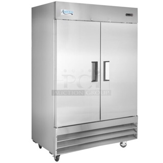 BRAND NEW SCRATCH AND DENT! 2023 Avantco 178A49RHC Stainless Steel 2 Door Reach In Cooler w/ Poly Coated Racks and Commercial Casters. 115 Volts, 1 Phase. Tested and Does Not Power On