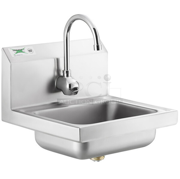 BRAND NEW SCRATCH AND DENT! Regency 600HS17 Stainless Steel Commercial Single Bay Wall Mount Sink w/ Faucet and Handles. 