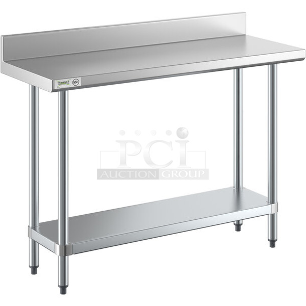 BRAND NEW SCRATCH AND DENT! Regency 600TB1848G 18" x 48" 18-Gauge 304 Stainless Steel Commercial Work Table with 4" Backsplash and Galvanized Undershelf 