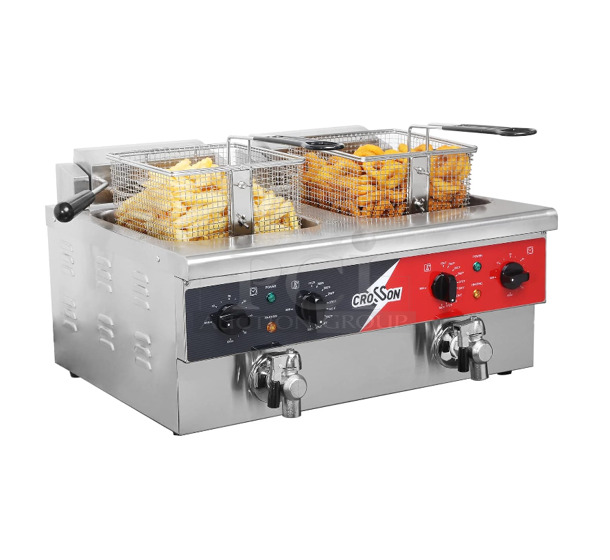 BRAND NEW SCRATCH AND DENT! 2024 Crosson EF-6V-2 Stainless Steel Commercial Countertop Electric Powered 2 Bay Fryer w/ 2 Metal Fry Baskets and 2 Lid. 120 Volts, 1 Phase.