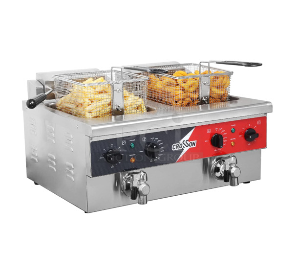 BRAND NEW SCRATCH AND DENT! 2024 Crosson EF-6V-2 Stainless Steel Commercial Countertop Electric Powered 2 Bay Fryer w/ 2 Metal Fry Baskets and 2 Lid. 120 Volts, 1 Phase. - Item #1127223