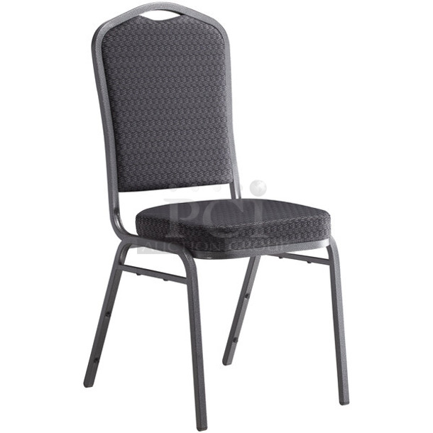 38 BRAND NEW SCRATCH AND DENT! Lancaster Table & Seating 164BNQCRBLK Black Pattern Fabric Crown Back Stackable Banquet Chair with Silver Vein Frame. 38 Times Your Bid!