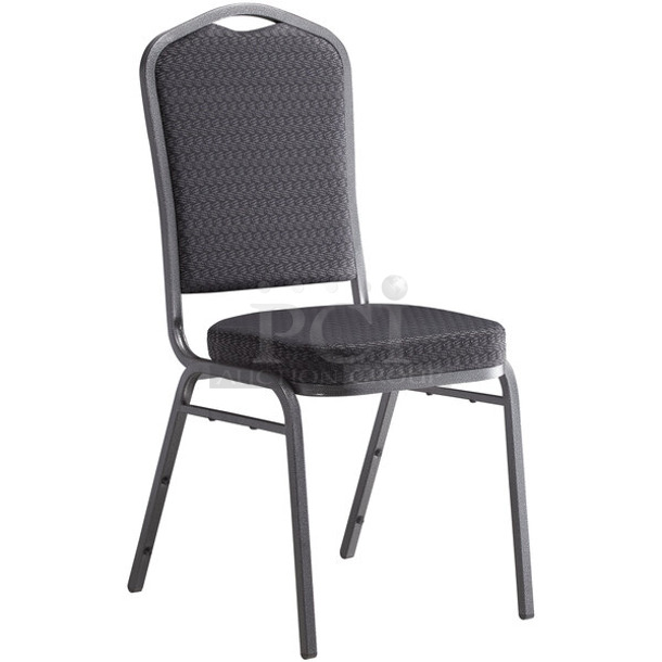 38 BRAND NEW SCRATCH AND DENT! Lancaster Table & Seating 164BNQCRBLK Black Pattern Fabric Crown Back Stackable Banquet Chair with Silver Vein Frame. 38 Times Your Bid! - Item #1127625
