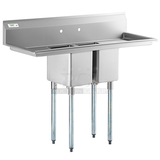 BRAND NEW SCRATCH AND DENT! Regency 600S21014216 54" 16-Gauge Stainless Steel Two Compartment Commercial Sink with Galvanized Steel Legs and Two Drainboards - 10" x 14" x 12" Bowls. No Legs. 