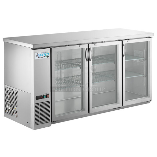 BRAND NEW SCRATCH AND DENT! 2024 Avantco 178UBB72GHCS Stainless Steel Commercial 3 Door Back Bar Cooler Merchandiser. 115 Volts, 1 Phase. Tested and Working!