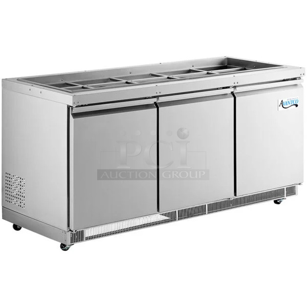 BRAND NEW SCRATCH AND DENT! 2024 Avantco 178SSCFT72HC Stainless Steel Commercial Refrigerated Salad Bar / Cold Food Table on Commercial Casters. 115 Volts, 1 Phase. Tested and Working!