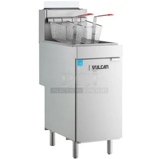 BRAND NEW SCRATCH AND DENT! Vulcan 1VEG50M-1 Veg Series Stainless Steel Floor Style 45-50 lb. Natural Gas Powered Fryer w/ 2 Metal Fry Baskets. 85,000 BTU