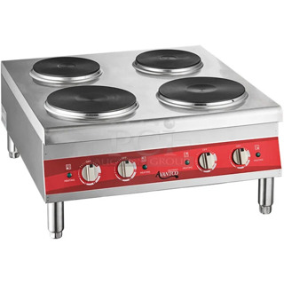 BRAND NEW SCRATCH AND DENT! Avantco 177CER400 Stainless Steel 4-Burner Solid French-Style Countertop Electric Range. 208/240 Volts, 1 Phase. 