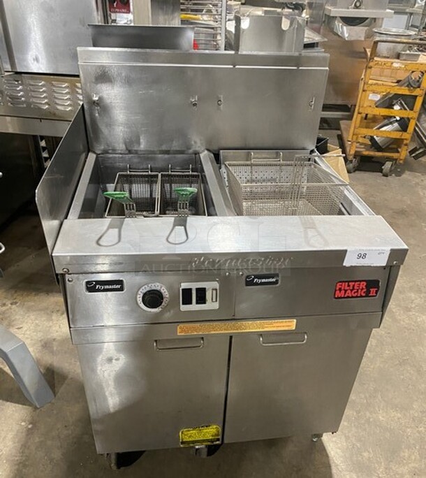 Frymaster Commercial Natural Gas Powered Deep Fat Fryer With Side Dumping Station! With Metal Frying Baskets! With Back Splash! All Stainless Steel! On Casters! Model: FM145ESC SN: 0204GH0013! - Item #1115989