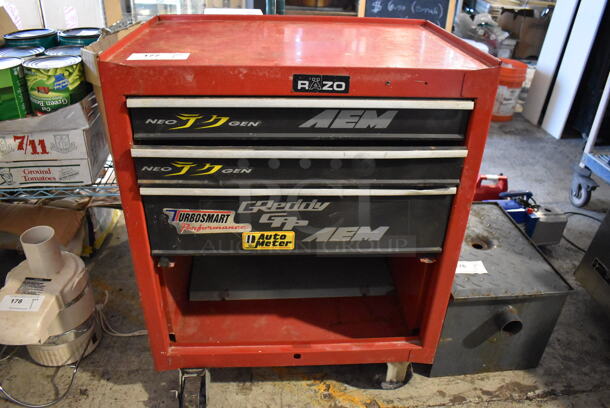 Razo Red Metal Portable Toolbox on Commercial Casters. 27x19x34