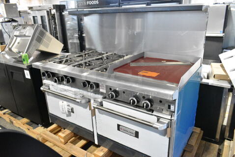 BRAND NEW SCRATCH AND DENT! 2023 Garland G60-6G24CR Stainless Steel Commercial Floor Style Natural Gas Powered 6 Burner Range w/ Right Side Flat Top Griddle, 2 Ovens, Over Shelf and Back Splash. 