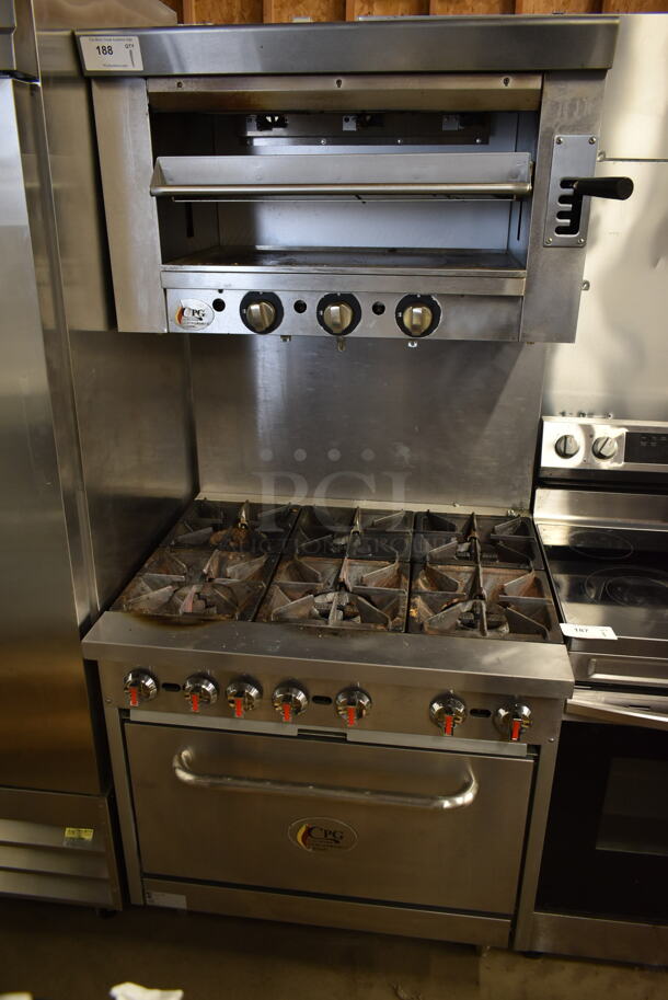 Cooking Performance Group CPG Stainless Steel Commercial Natural Gas Powered 6 Burner Range w/ Oven, Back Splash and Salamander Cheese Melter. 