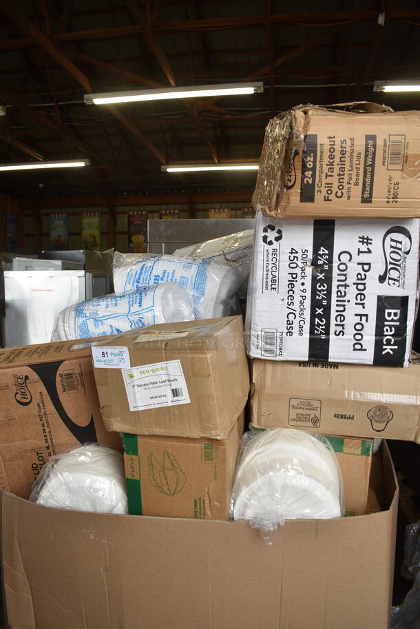 PALLET LOT of 25 BRAND NEW Boxes Including 999RP10 10" Plates, 347SLWG8 Visions 8 oz. Heavy Weight Clear Plastic Stemless Wine Glass - 64/Case, GET CS-10-RM Rustic Mill 10 1/2" Irregular Round Coupe Plate - 12/Case, 500LFLAT Choice Clear Flat Lid with Straw Slot - 9, 12, 16, 20, and 24 oz. - 1000/Case, 475TCLD55BL Lavex 55 GallonBlue Round Commercial Trash Can Lid, Eco-Gecko 5" Square Palm Leaf Bowls, 612D3COMP Choice 8 1/2"x 6 3/8" 3-Compartment Oblong Foil Take-Out Container with Board Lid - 250/Case, 795PTOBK1 Choice Black Microwavable Folded Paper #1 Take-Out Container 4 3/8" x 3 1/2" x 2 1/2" - 450/Case, 395TO961 EcoChoice 9" x 6" x 3" Compostable Sugarcane / Bagasse 1 Compartment Take-Out Container - 200/Case, 347SLW68 Plastic Stemless Wine Glasses. 25 Times Your Bid!