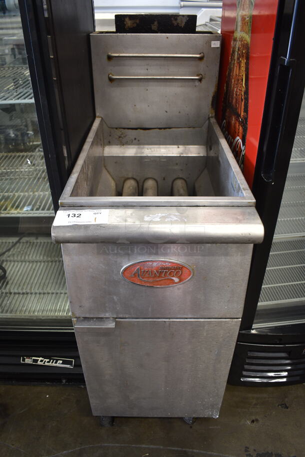 Avantco FF300-P Stainless Steel Commercial Floor Style Propane Gas Powered Deep Fat Fryer on Commercial Casters. 90,000 BTU. 