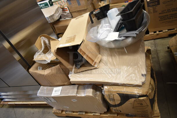 PALLET LOT of 15 BRAND NEW Boxes Including 245CPB10 PRINT Kraft Corrugated Pizza Boxes, 233030210008 Bunn 03021.0008 Black Funnel for ITCB, TW, and TWF Brewers, 274930 Pump Plastic, Sterilite Poly Pitchers, Cambro PSB23176 40.7 Qt. Pebbled Serving/Salad Bowl, 185712012D18 Beverage-Air 712-012D-18 Equivalent Door Gasket - 9