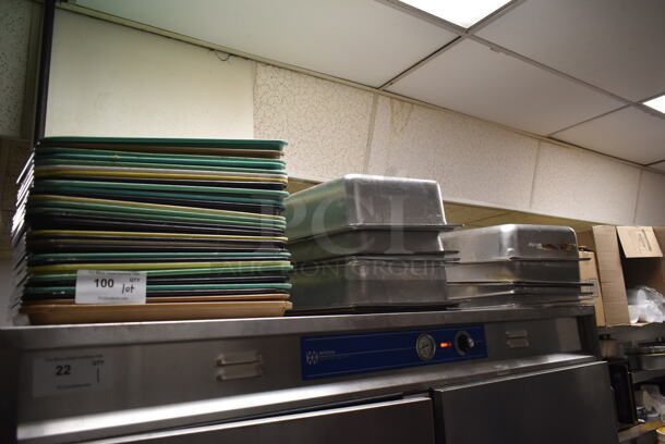 ALL ONE MONEY! Lot of Various Items on Shelf Including Poly Trays and Stainless Steel Drop In Bins. (kitchen #2)