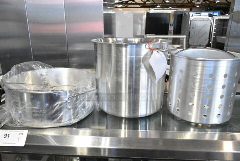 3 BRAND NEW SCRATCH AND DENT! Items Including 471ASTB20 Choice 20 Qt. Aluminum Stock Pot Steamer Basket, 471ASTB20ST Choice 20 Qt. Standard Weight Aluminum Stock Pot with Steamer Basket and Cover, Metal Stock Pot. 3 Times Your Bid! 