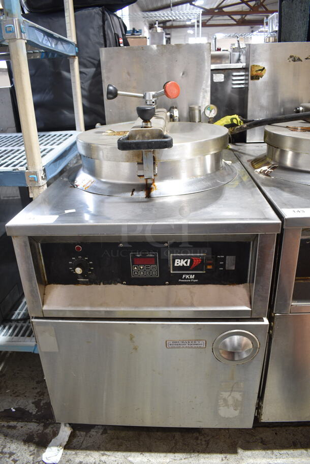 BKI FKM-F Stainless Steel Commercial Floor Style Pressure Fryer on Commercial Casters. 208 Volts, 3 Phase. 