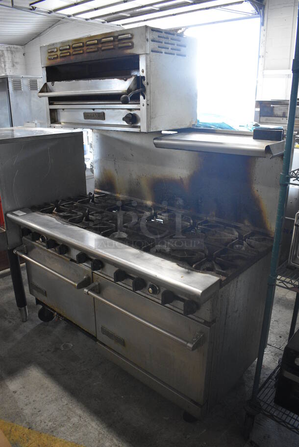 American Range Stainless Steel Commercial Natural Gas Powered 10 Burner Range w/ 2 Ovens and Salamander Cheese Melter on Commercial Casters. 60x33x78