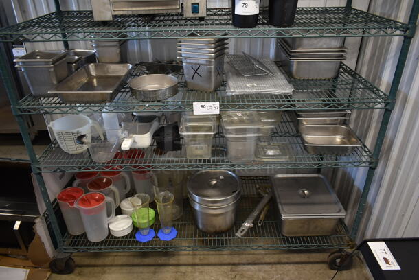ALL ONE MONEY! Lot of 3 Tiers of Various Items Including Stainless Steel Drop In Bins, Poly Pitchers and Ice Scoops