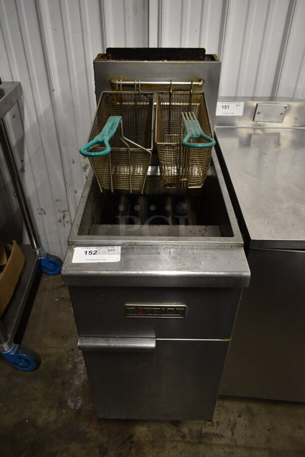 Patriot PT-F4-NG Stainless Steel Commercial Floor Style Natural Gas Powered Deep Fat Fryer w/ 2 Metal Fry Baskets on Commercial Casters. 120,000 BTU.