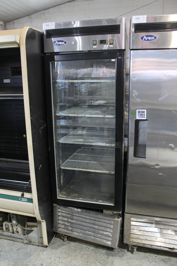2015 Atosa MCF8705 Stainless Steel Commercial Single Door Reach In Cooler Merchandiser w/ Poly Coated Racks on Commercial Casters. 115 Volts, 1 Phase. Tested and Powers On But Does Not Get Cold