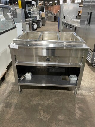 Commercial Electric Powered 3 Bay Steam Table! All Stainless Steel! With Storage Space Underneath! On Legs! 