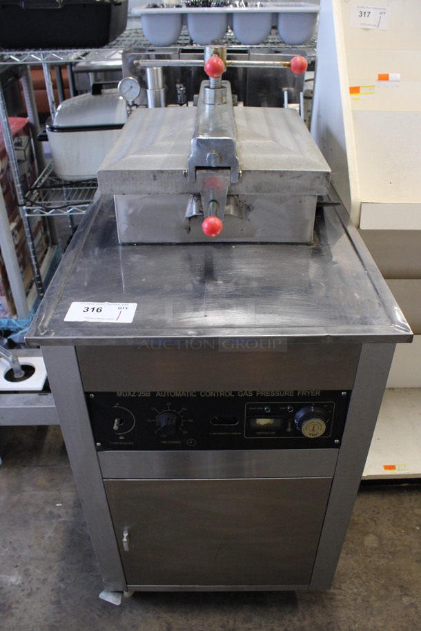 Model MDXZ-25B Stainless Steel Commercial Floor Style Natural Gas Powered Pressure Fryer w/ Metal Fry Basket on Commercial Casters. 22x40x46
