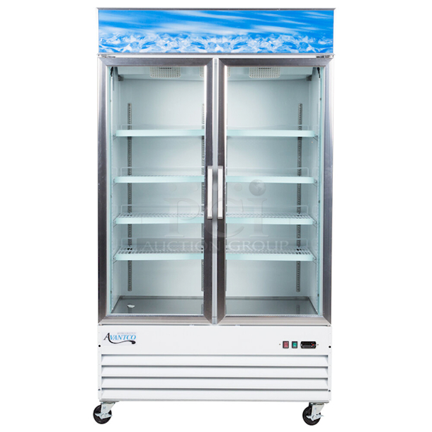 BRAND NEW SCRATCH & DENT! Avantco GDC-40-HC 48" White Swing Glass Door Merchandiser Refrigerator with LED Lighting. Unit is badly dented on the back and front air grate covers.  Not tested. Wires are cut. S/N: 871987927