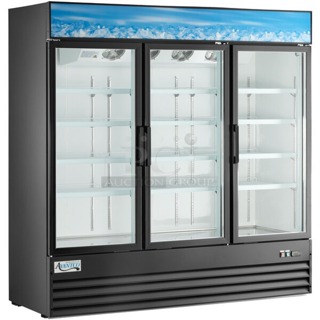 BRAND NEW SCRATCH & DENT! Avantco GDC-69-HC 78 1/4" Black Customizable Swing Glass Door Merchandiser Refrigerator with LED Lighting. Tested. Working. S/N: 992682251 7376 2403  