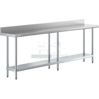 BRAND NEW SCRATCH AND DENT! Regency 600TB1896G 18" x 96" 18-Gauge 304 Stainless Steel Commercial Work Table with 4" Backsplash and Galvanized Undershelf. May Be Missing Pieces. 