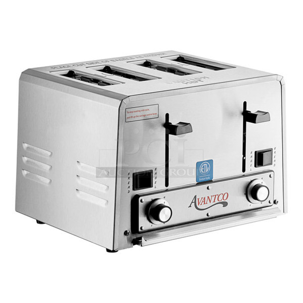 BRAND NEW SCRATCH AND DENT! Avantco 184THD27208 Stainless Steel Commercial Heavy-Duty Bread/Bagel Switch 4-Slice Toaster with Wide 1 1/2" Slots. 208 Volts, 1 Phase. 
