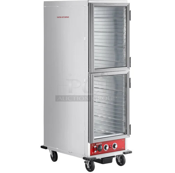 BRAND NEW SCRATCH AND DENT!  Avantco 177HPI1836DC Metal Commercial  Full Size Insulated Heated Holding / Proofing Cabinet with Clear Dutch Doors on Commercial Casters. 120 Volts, 1 Phase. Tested and Working!