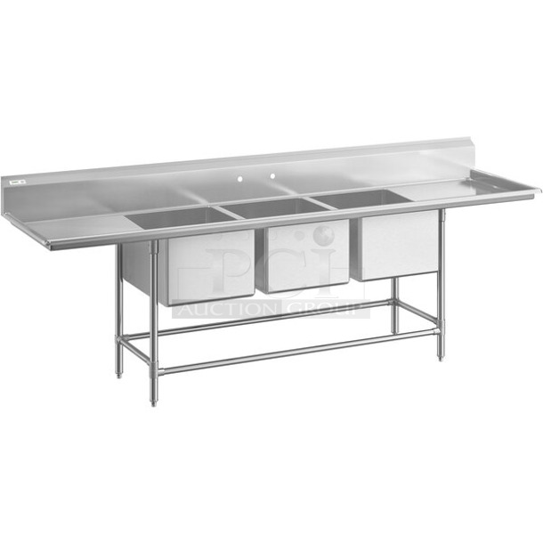 BRAND NEW SCRATCH AND DENT! Regency 600S32028224  115" 16-Gauge Stainless Steel Three Compartment Commercial Sink with 2 Drainboards - 20" x 28" x 14" Bowls