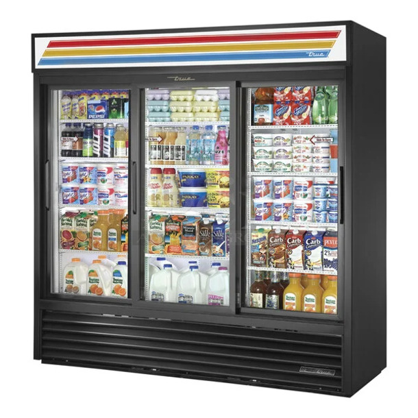 BRAND NEW SCRATCH AND DENT! 2024 True GDM-69-HC-LD Metal Commercial 3 Door Reach In Cooler Merchandiser w/ Poly Coated Racks. Missing Center Door. 115 Volts, 1 Phase. Tested and Working!