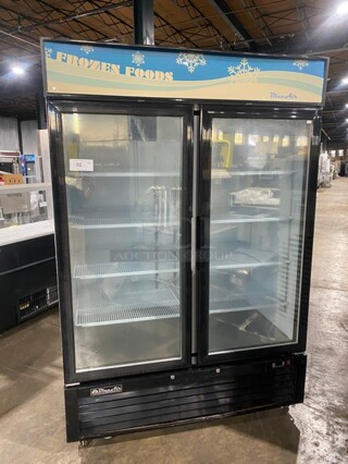 Blue Air Commercial Double Glass Door Reach In Freezer Merchandiser! With Poly Coated Racks! On Casters! 115V 1 Phase! Model: BKGF49 SN: KGF49W-R06-0038!