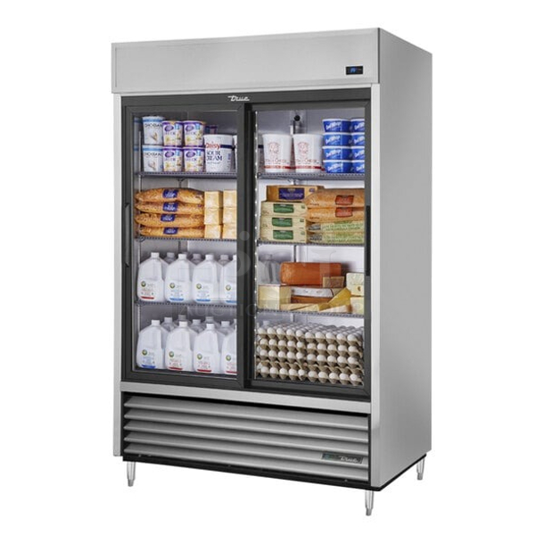 BRAND NEW SCRATCH & DENT! True TSD-47G-HC-LD 54 1/8" Sliding Glass Door Reach-In Refrigerator with LED Lighting, 115v. TESTED! IN WORKING ORDER! The Glass For The Left Door Is Missing. 54 1/8 x 29 5/8 x 84 1/2