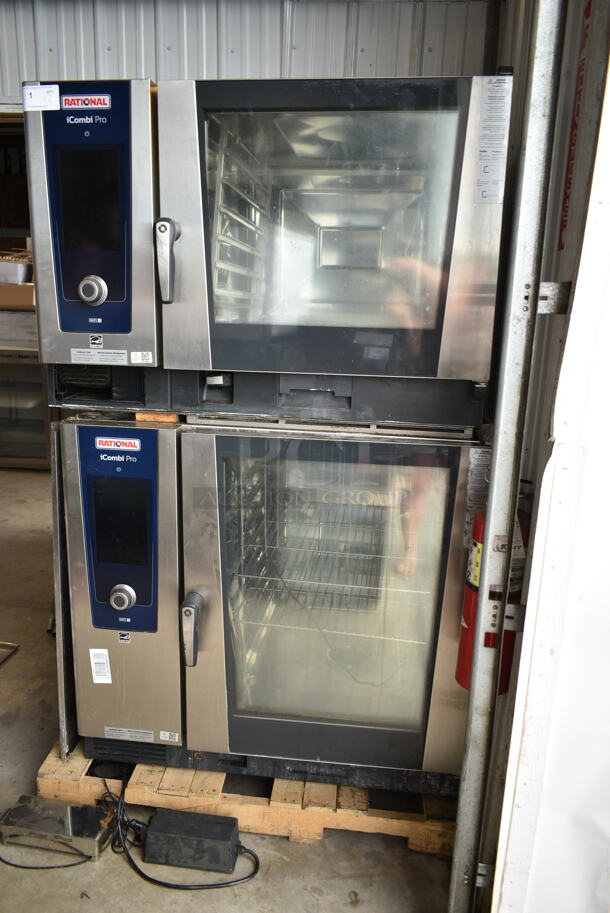 2 2021 Rational Stainless Steel Commercial iCombi Pro Combitherm Convection Ovens on Commercial Casters. Top Model: LM100CE.AXXXX. Bottom Model: LSF100EE.AXXXX. 440/480 Volts, 3 Phase. 2 Times Your Bid! - Item #1118459