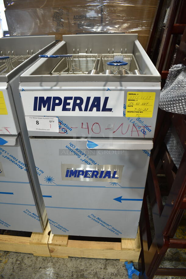 BRAND NEW SCRATCH AND DENT! Imperial IFS-40 Stainless Steel Commercial Floor Style Natural Gas Powered Deep Fat Fryer w/ 2 Metal Fry Baskets. Does Not Have Back Panel. 105,000 BTU. 