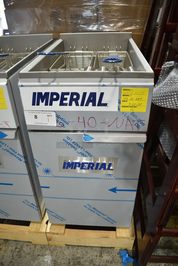 BRAND NEW SCRATCH AND DENT! Imperial IFS-40 Stainless Steel Commercial Floor Style Natural Gas Powered Deep Fat Fryer w/ 2 Metal Fry Baskets. Does Not Have Back Panel. 105,000 BTU. - Item #1126603