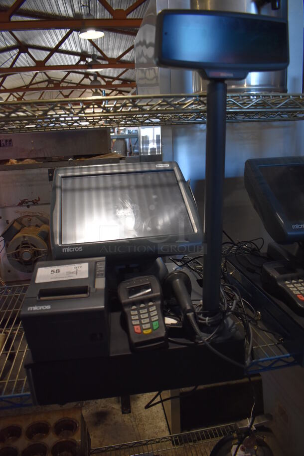 Micros 15" POS Monitor, Epson M129H Receipt Printer, Credit Card Reader, Barcode Scanner and Metal Cash Drawer