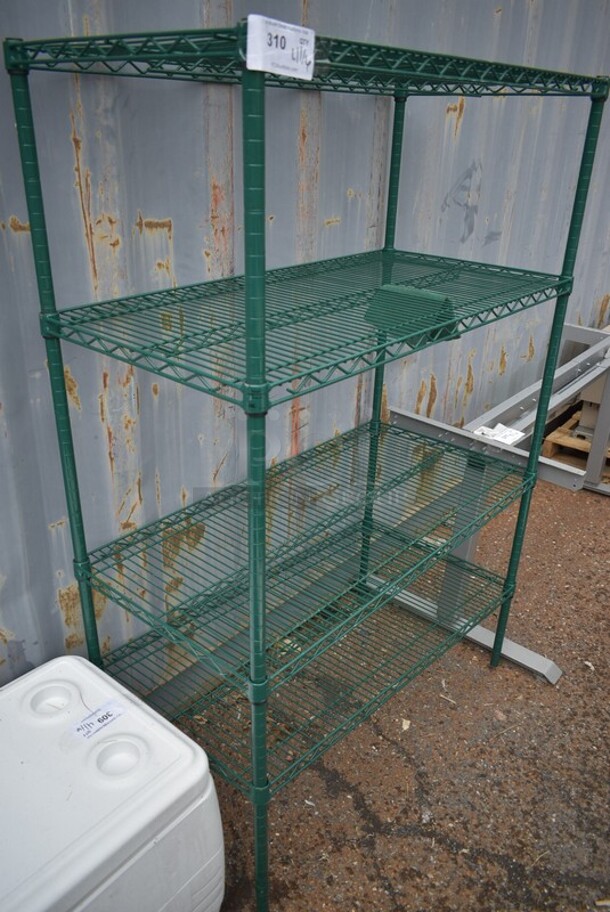 Green Finish 4 Tier Wire Shelving Unit. BUYER MUST DISMANTLE. PCI CANNOT DISMANTLE FOR SHIPPING. PLEASE CONSIDER FREIGHT CHARGES.