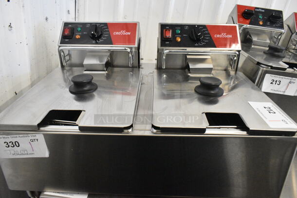 BRAND NEW SCRATCH AND DENT! 2024 Crosson CF-26 Stainless Steel Commercial Countertop Electric Powered 2 Bay Fryer w/ 2 Metal Fry Baskets and 2 Lids. 120 Volts, 1 Phase. - Item #1146216