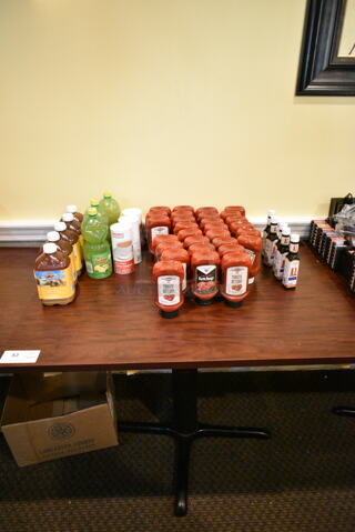 Wood Pattern Dining Height Table w/ Contents Including Ketchup, A1 Sauce, Lemon Juice. (main dining room)