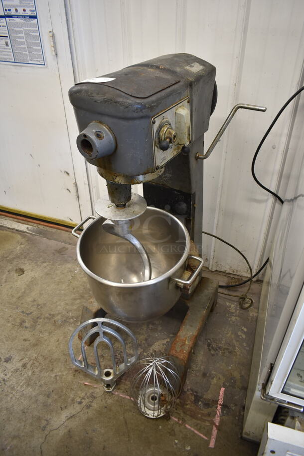 Hobart D300 Metal Commercial 30 Quart Planetary Dough Mixer w/ Stainless Steel Mixing Bowl, Whisk, Paddle and Dough Hook Attachments. 115 Volts, 1 Phase. Tested and Working!